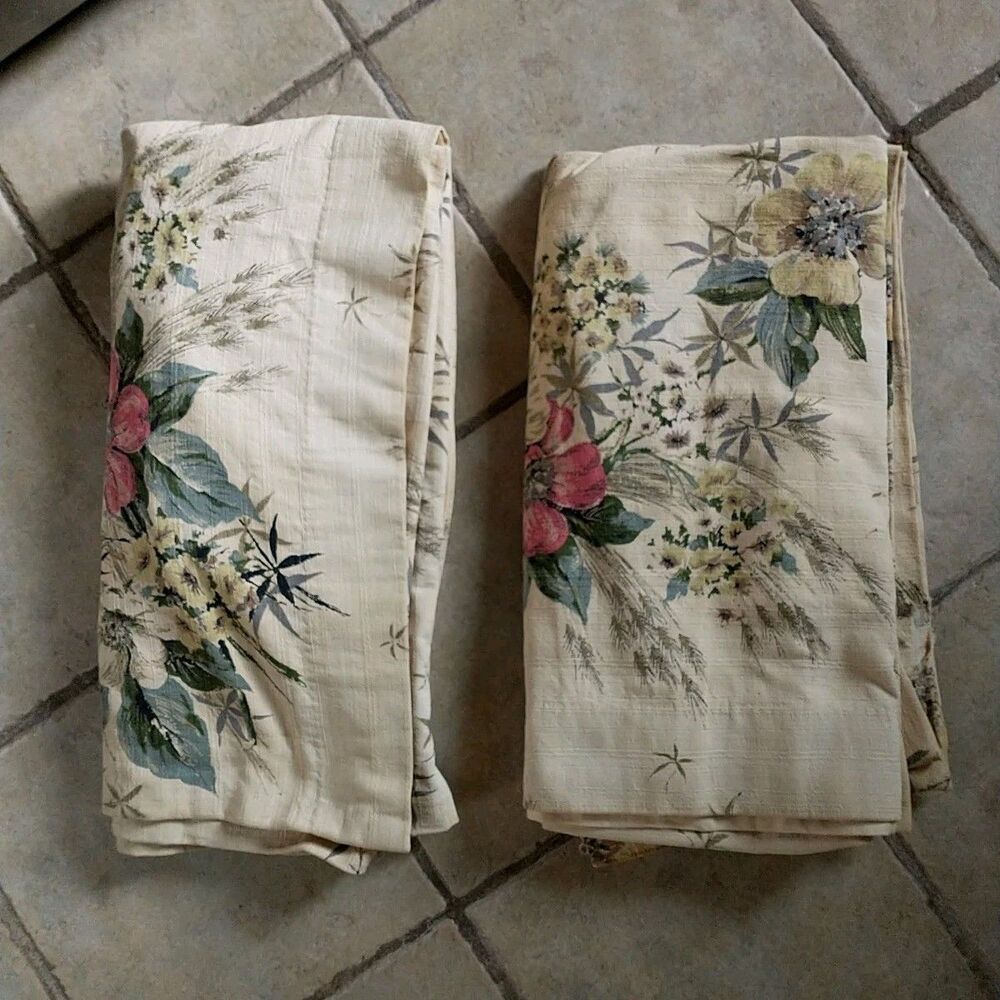 2 Vtg Imperfect Curtain Panel Yellow Pink Floral FrenchCountry Crafters Upcycle
